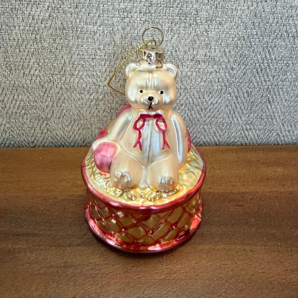 Glass Teddy Bear Ornament Sitting in Basket Pink Bow Christmas Holiday Decor
